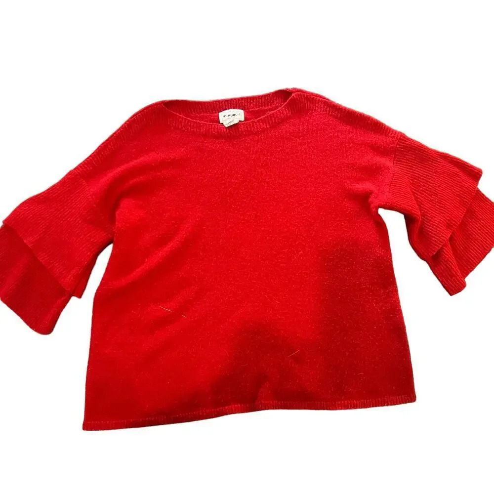 For The Republic Women's Large Red Ruffle Flared Sleeve Pullover Sweater